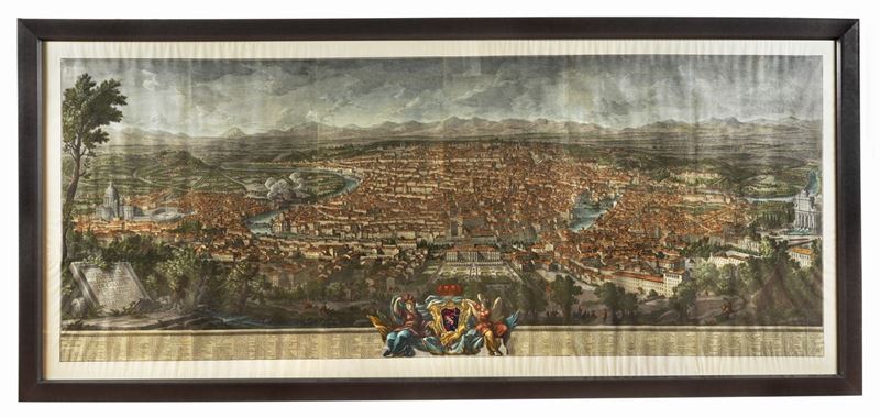 Antica grande incisione a colori "Prospetto della Città di Roma visto dal Monte Gianicolo e sotto...