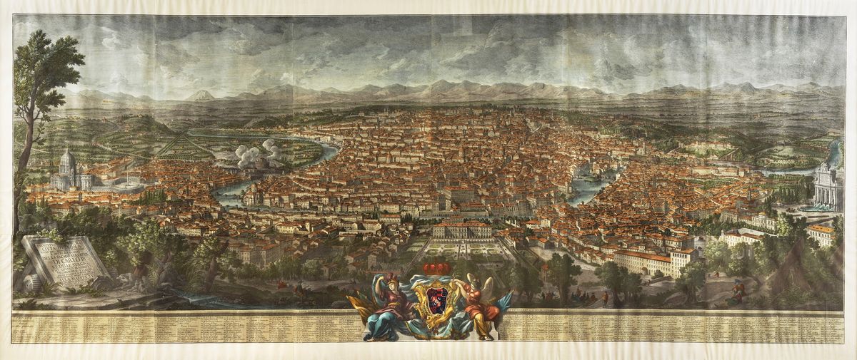 Antica grande incisione a colori "Prospetto della Città di Roma visto dal Monte Gianicolo e sotto...