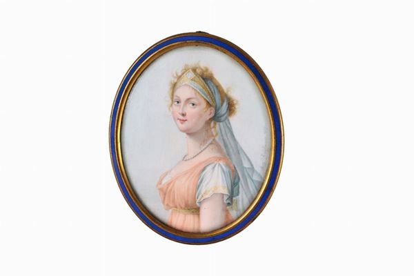 Antica miniatura ovale dipinta "Ritratto di giovane dama con collana di perle"