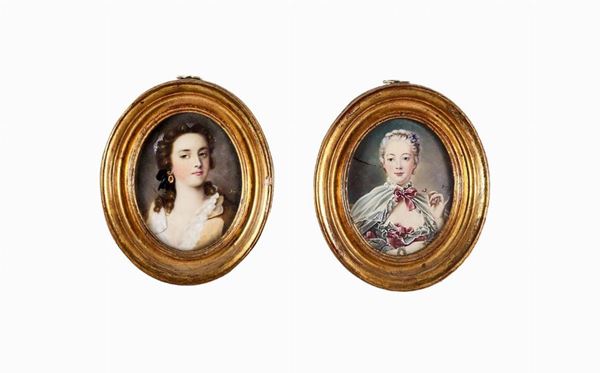 Coppia di miniature ovali dipinte "Ritratti di giovani dame". Firmate