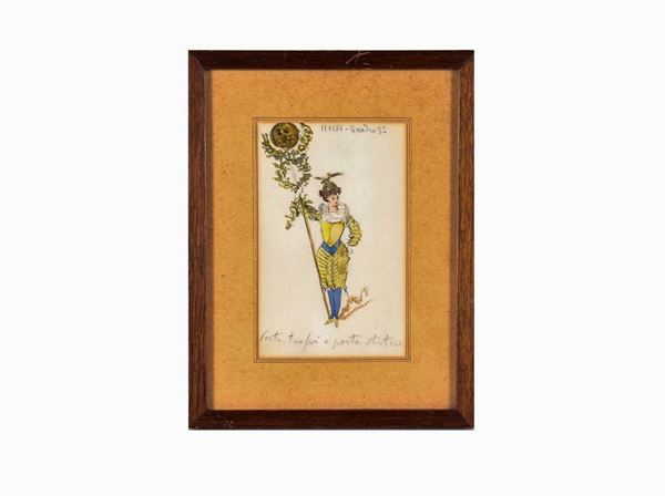 Antico piccolo disegno acquarellato su carta "Paggio porta trofei"