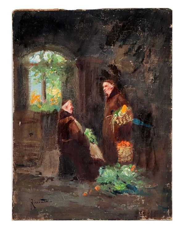 Oscar Ricciardi - Firmato. "Fraticelli con frutta e ortaggi", piccolo dipinto ad olio su tela applicata a cartone
