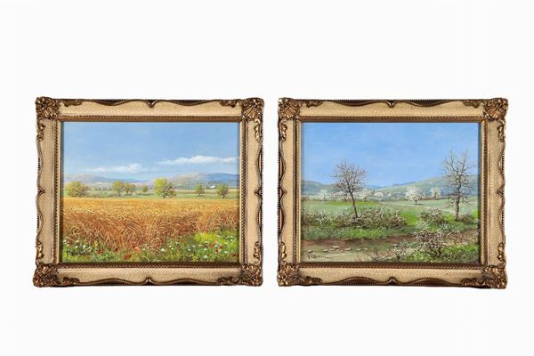 Cecconi G. (Pittore Romano Inizio XX Secolo) - Signed. "Spring and Summer", pair of small lean oil paintings