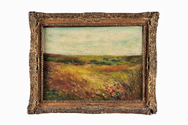 Pittore Italiano Inizio XX Secolo - "Countryside landscape with farmhouses", small oil painting on pressed cardboard