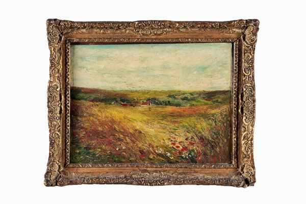 Pittore Italiano Inizio XX Secolo - "Paesaggio di campagna con casolari", piccolo dipinto ad olio su cartone pressato