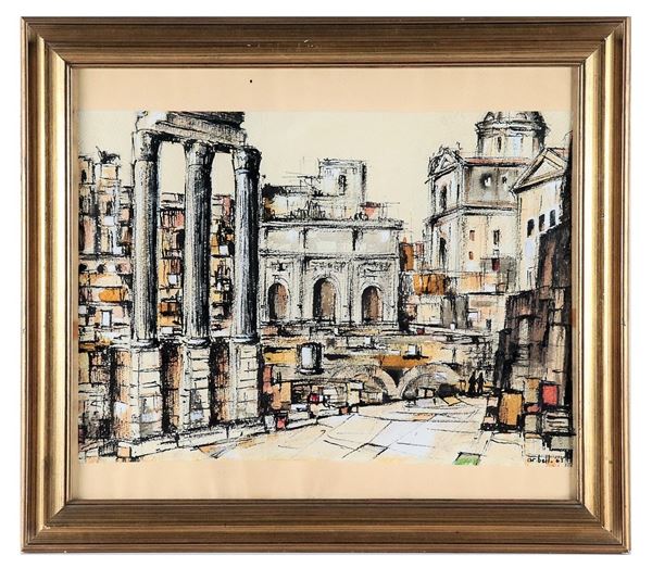 Pittore Italiano XX Secolo - Signed and dated 1963. "View of the Roman Forum", drawing in watercolor and charcoal on paper