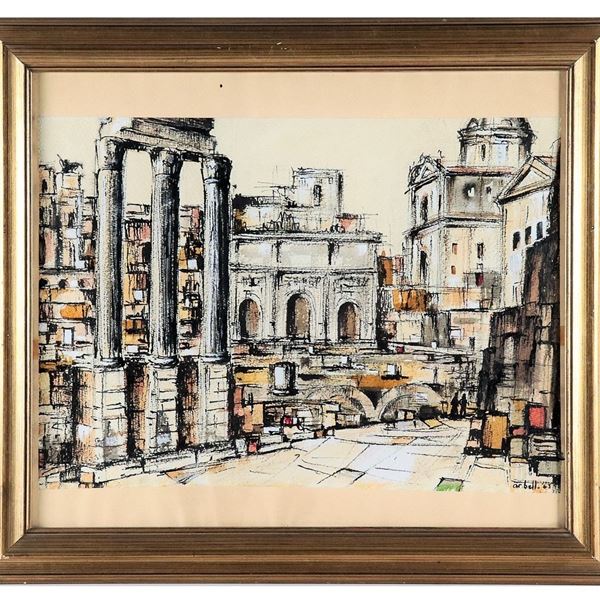 Pittore Italiano XX Secolo - Firmato e datato 1963. "Veduta del Foro Romano", disegno ad acquarello e carboncino su carta