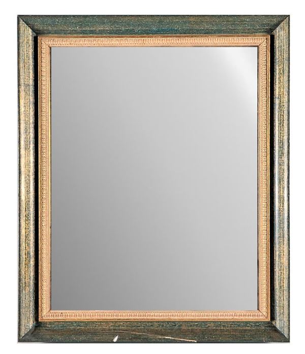 Frame in green and gilded lacquered wood, mercury mirror inside