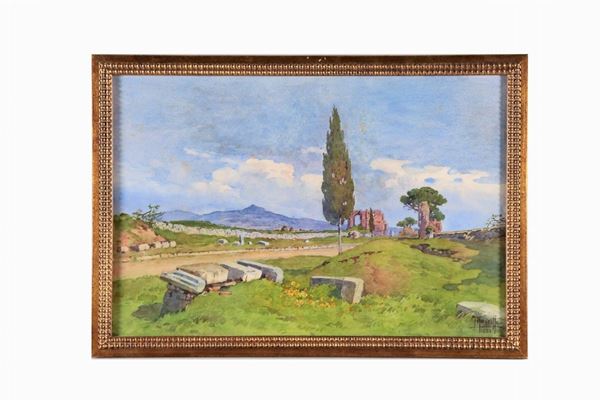 Filippo Anivitti - Signed and dated 1955. "View of the Appian Way with ruins", watercolor on paper