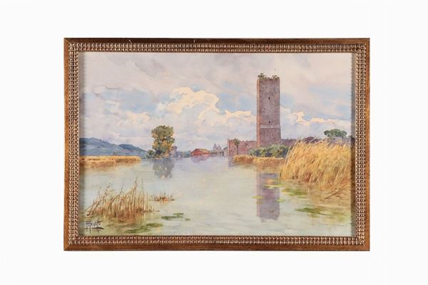 Filippo Anivitti - Firmato. "Torre Caetani a Ninfa", acquarello su carta