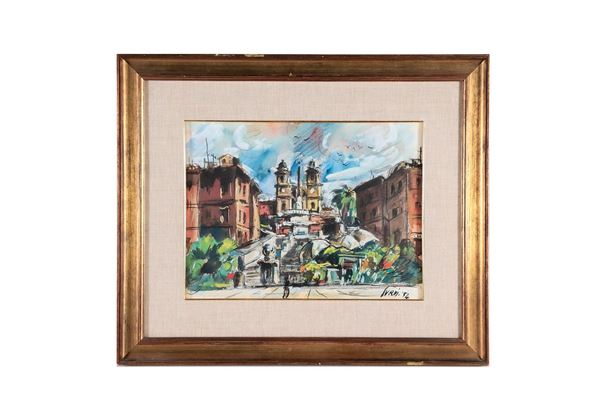 Luigi Surdi - Signed and dated 1954. "View of Trinità dei Monti", mixed media painting on pressed cardboard