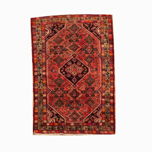 Tappeto Shiraz a motivi geometrici su fondo rosso, M. 2,12 x 1,23