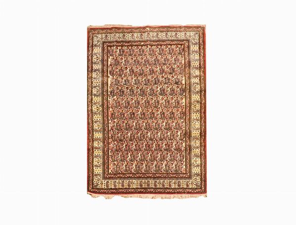 Persian Kazak carpet with geometric background with brown borders, 2.08 x 1.40 m