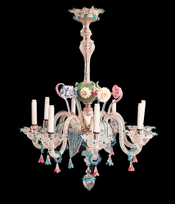 Murano blown glass chandelier in various colors, with flowers, leaves and calatine, 8 lights