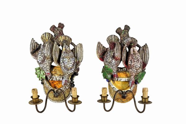 Pair of "Pernici" polychrome glazed and porcelain appliques, 2 flames each