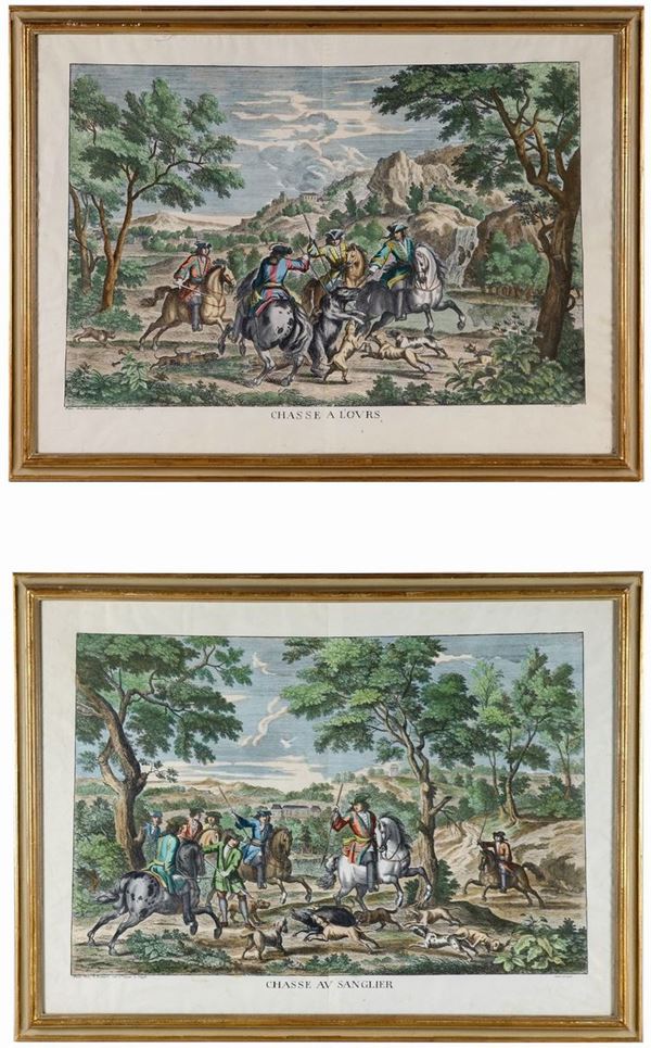 Pair of antique French color prints "Hunting scenes"