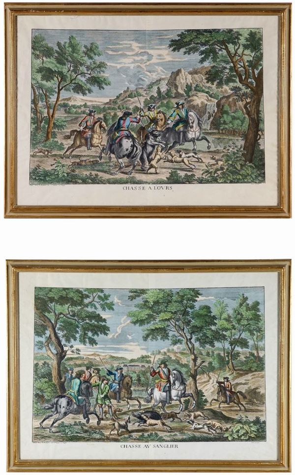 Coppia di antiche stampe francesi a colori "Scene di caccia"