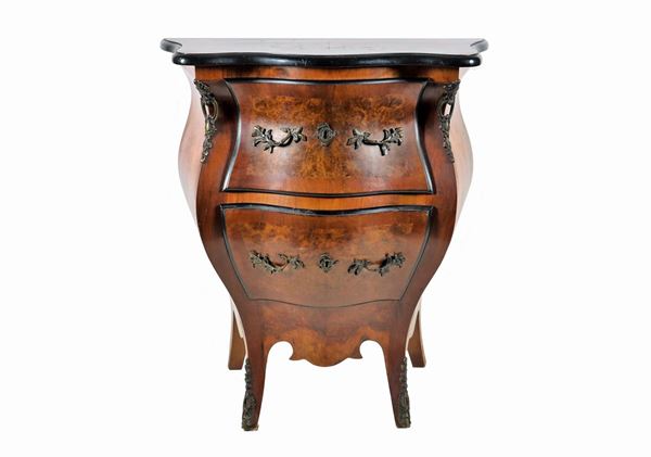 Venetian bedside table with rounded shape in walnut and briar walnut, with friezes and handles in chiseled bronze