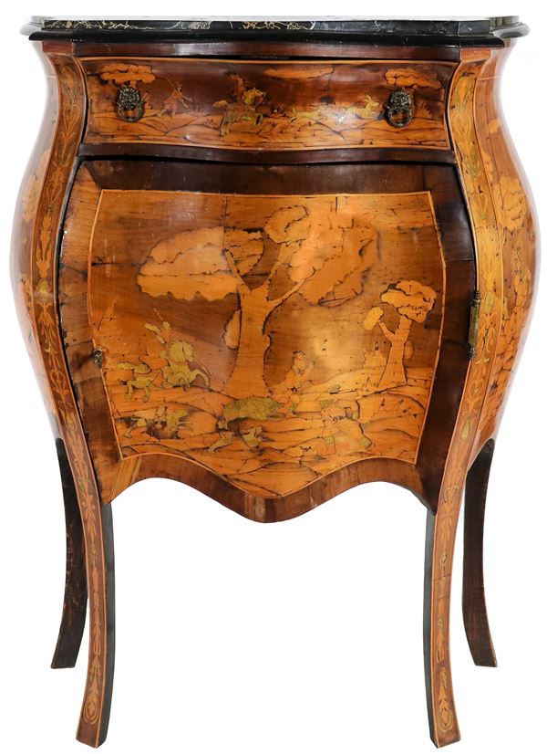 Curved-shaped Lombard-Veneto furniture with arched walnut, entirely inlaid in boxwood with landscape and hunting scene motifs, a central drawer with door underneath, four high curved legs and black brecciated marble top