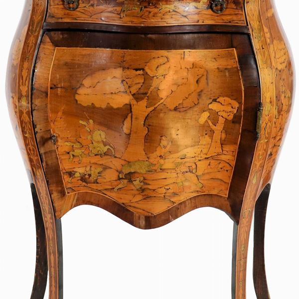 Curved-shaped Lombard-Veneto furniture with arched walnut, entirely inlaid in boxwood with landscape and hunting scene motifs, a central drawer with door underneath, four high curved legs and black brecciated marble top