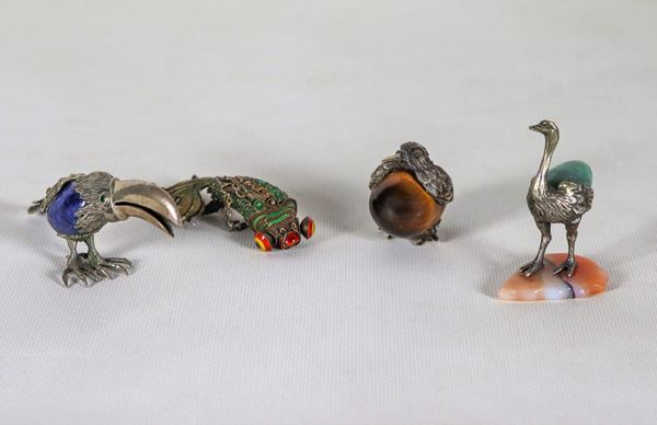 Lot of four silver and semiprecious stone animals "Exotic fish and birds"