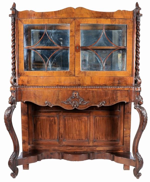 Antique Sicilian Louis Philippe showcase in walnut