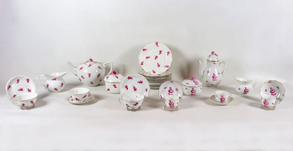 Herend porcelain tea, coffee and cake set, with coral red decorations with flower, leaf and butterfly motifs (41 pcs)
