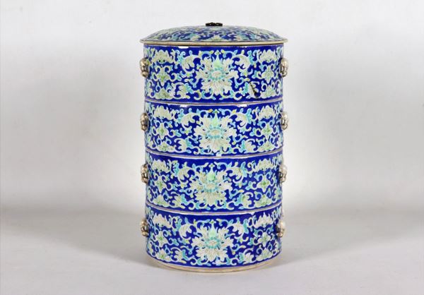 Antique Chinese porcelain lunch box, with embossed enamel decorations in light blue and blue floral scrolls