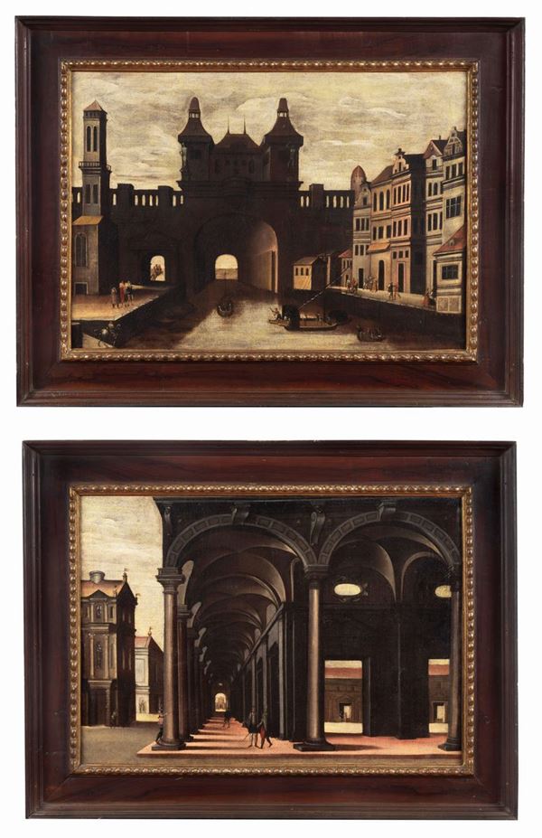 Scuola Fiamminga Fine XVIII Secolo - "Vedute di città con architetture e personaggi", coppia di dipinti ad olio su tela