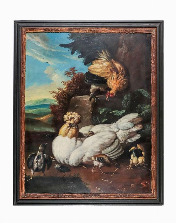 Pittore Italiano Inizio XX Secolo - "Allegory of roosters and chicks", oil painting on plywood