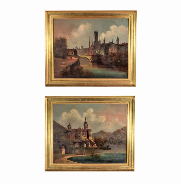 Pittore Olandese XIX Secolo - "Vedute di castello con lago e di città con fiume", coppia di dipinti ad olio su tela applicata a cartone