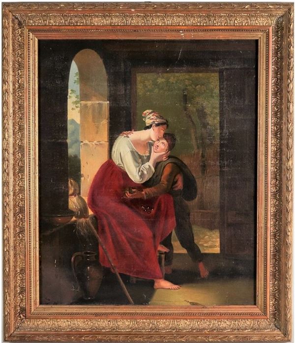 Pittore Francese XIX Secolo - "Il saluto della mamma al figlioletto", dipinto ad olio su tela 