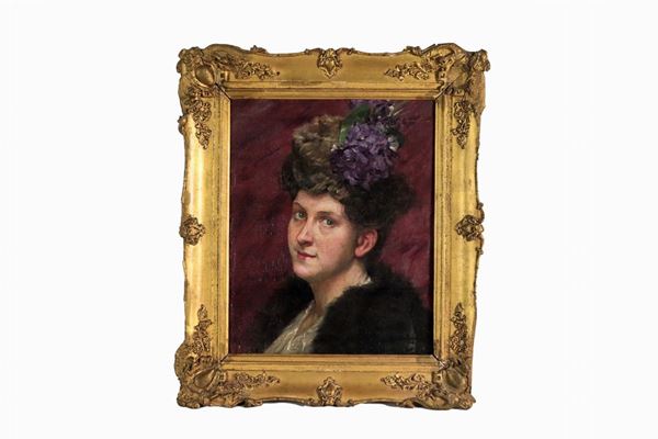 Scuola Italiana XIX Secolo - "Portrait of a young noblewoman with hat", oil painting on canvas