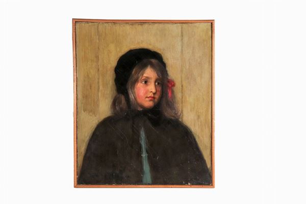 Scuola Italiana XIX Secolo - "Ritratto di bambina con fiocco rosso", dipinto ad olio su tela