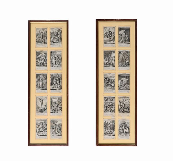 "I Canti della Gerusalemme Liberata", twenty small ancient engravings, enclosed in two framed panels