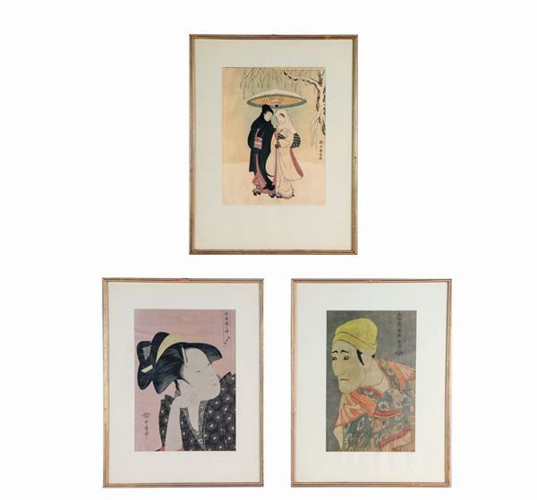 Lot of three ancient Japanese drawings on silk "Characters"