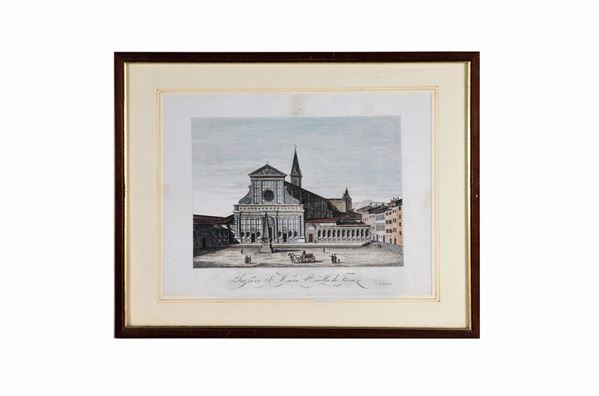Antique color engraving "Piazza di Santa Maria Novella in Florence"