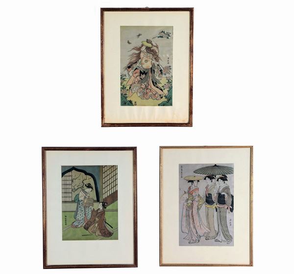 Lot of three ancient Japanese drawings on silk "Geishe"