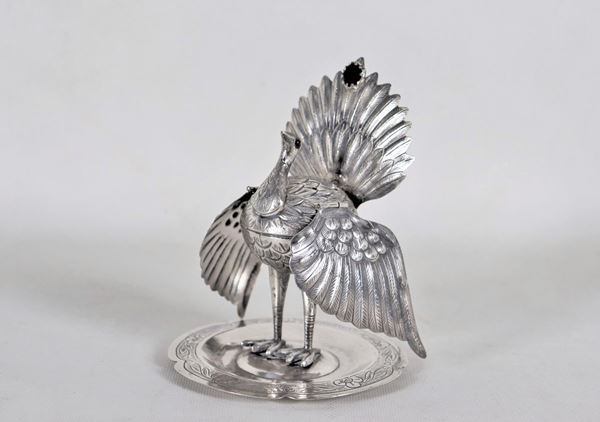 Antique Persian 'Peacock' perfume burner in chiseled and embossed silver with agate semiprecious stones, gr 275