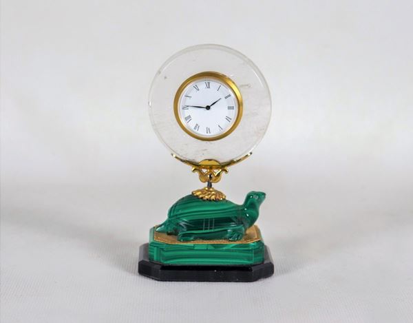Small table clock in gilded silver and rock crystal with malachite turtle