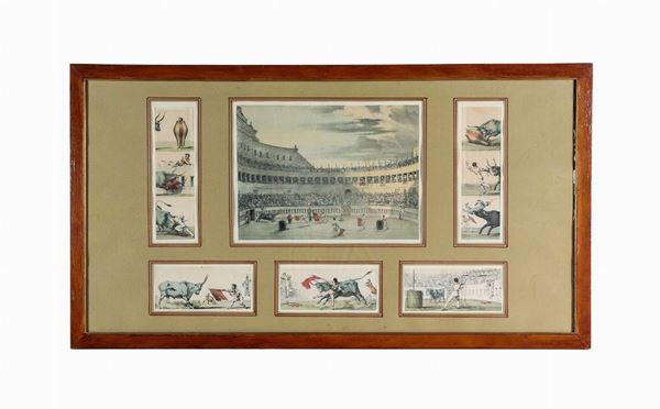 Lot of six small color engravings "Bullfighting scenes", enclosed in a single walnut frame