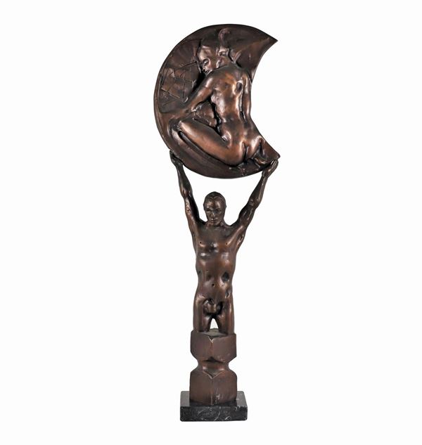 Ugo Attardi - Firmata e datata 1990. "Senza titolo", scultura in bronzo sorretta da basetta in marmo nero
