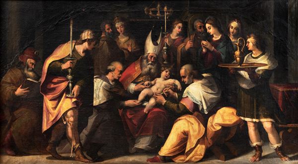 Maestro Veneto XVII Secolo - 'La Circoncisione di Gesù nel Tempio', grande dipinto ad olio su tela