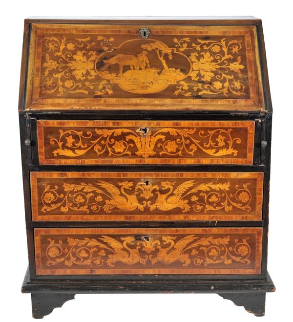Ancient small Lombard-Venetian limelight in walnut, entirely inlaid in boxwood with floral scroll motifs, peasant scenes and dragons
