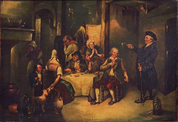Pittore Inglese Fine XVIII Secolo - "Interno di cucina con il pranzo dei contadini", dipinto ad olio su tela