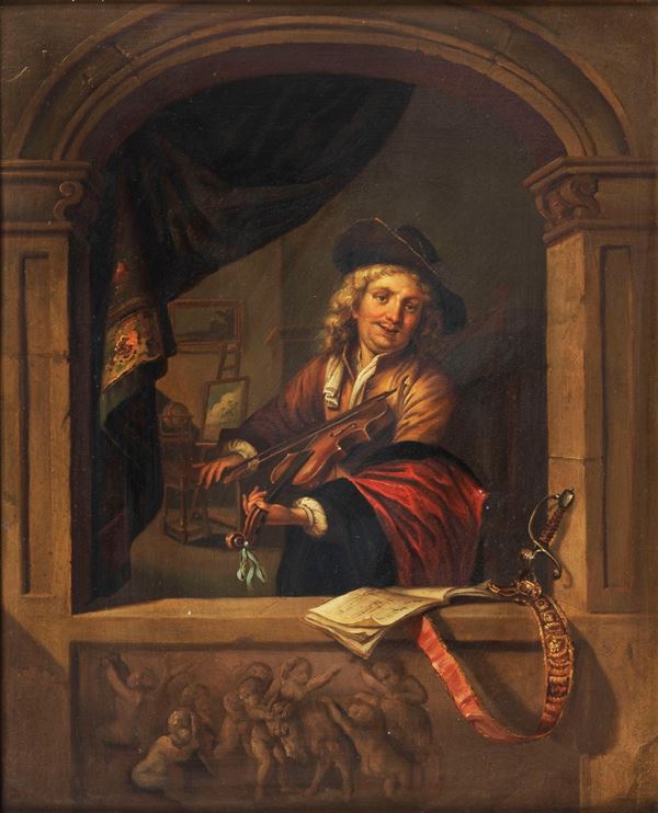 Pittore Fiammingo XIX Secolo - "Il violinista", dipinto ad olio su rame, antica copia da Gerhard Douw (1613 - 1675)