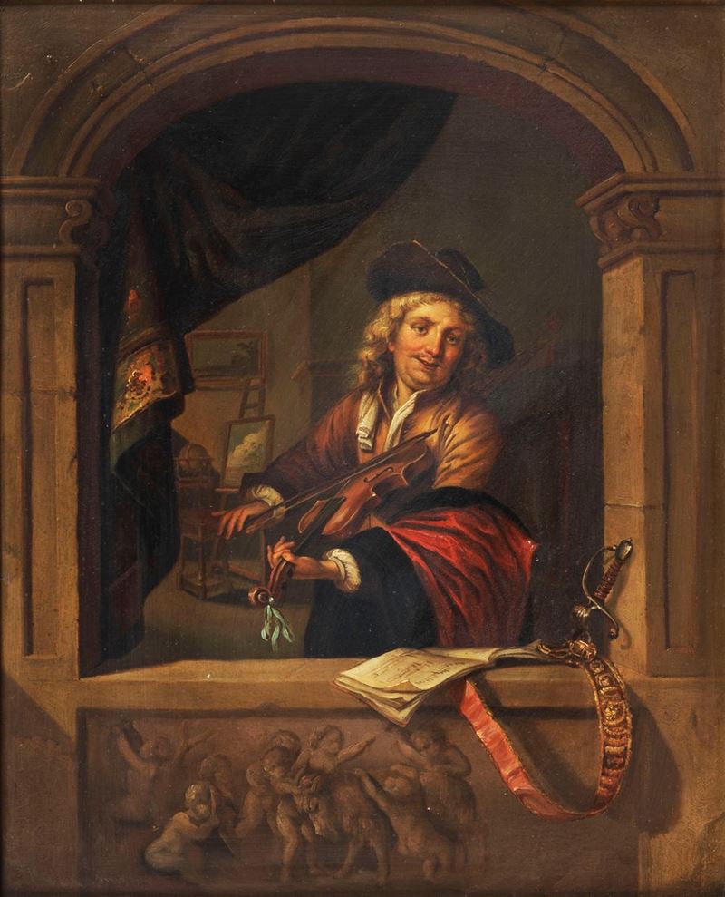 "Il violinista", dipinto ad olio su rame, antica copia da Gerhard Douw (1613 - 1675)