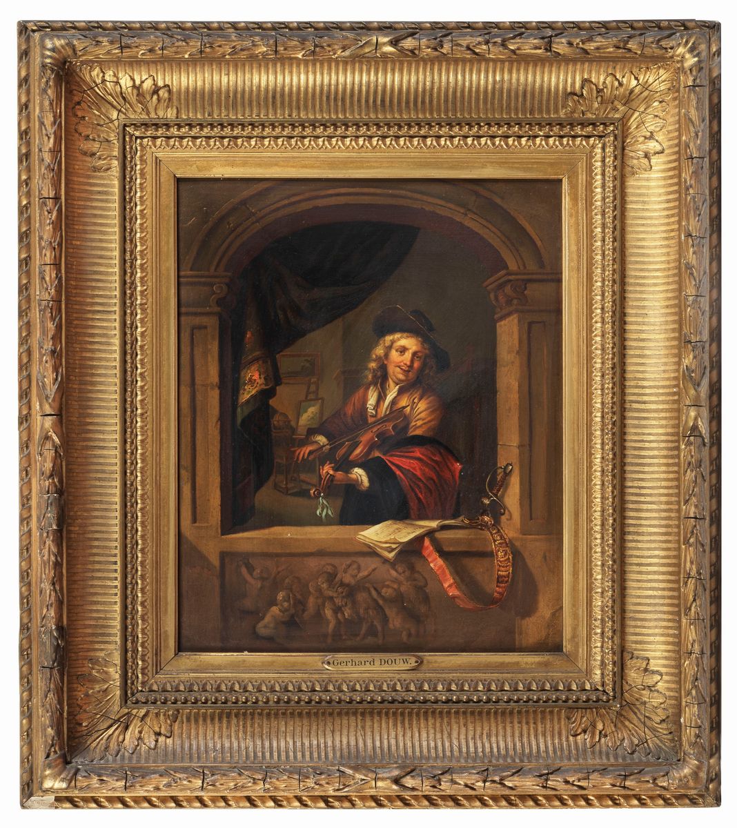 "Il violinista", dipinto ad olio su rame, antica copia da Gerhard Douw (1613 - 1675)