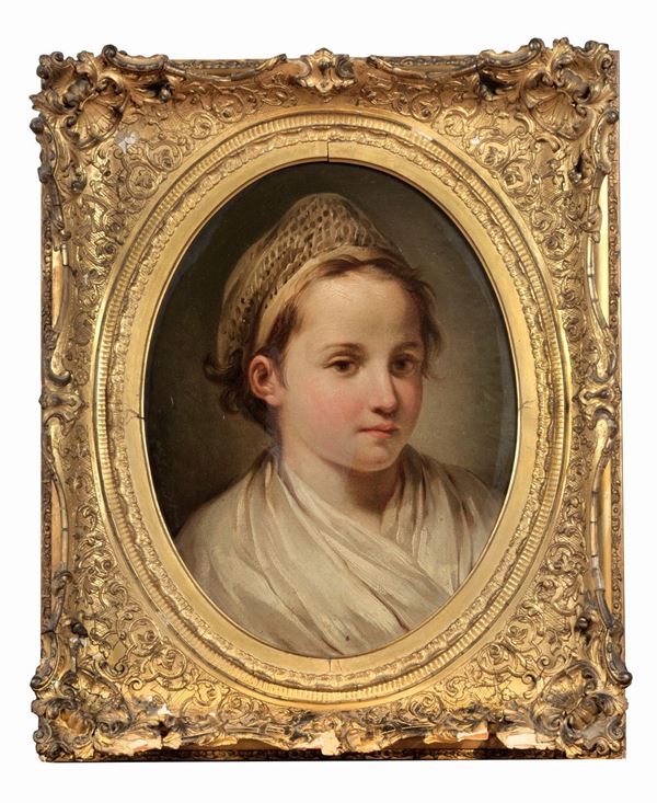 Pittore Veneto XVIII Secolo - "Portrait of a young girl", oval oil painting on canvas of fine pictorial quality