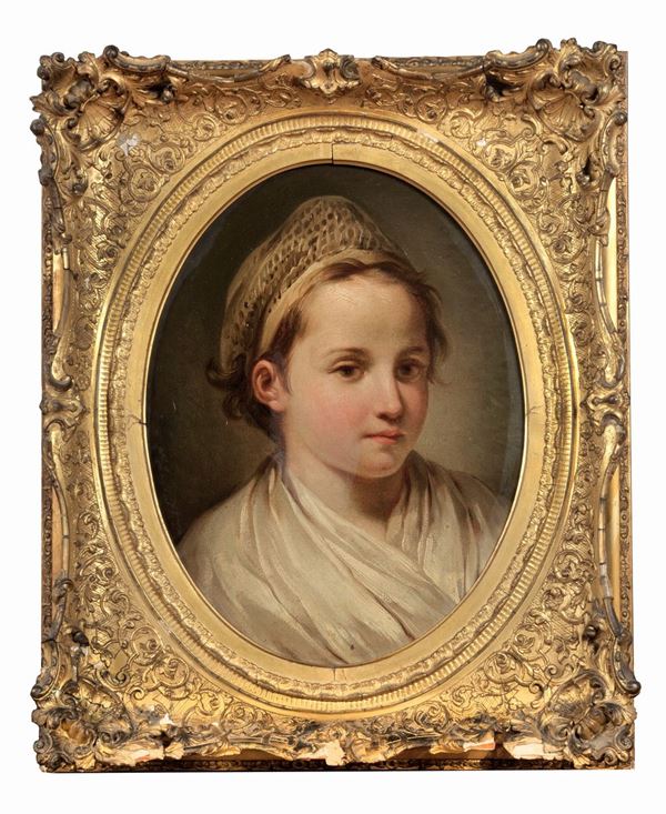 Pittore Veneto XVIII Secolo - "Ritratto di giovane fanciulla", dipinto ovale ad olio su tela di fine qualità pittorica